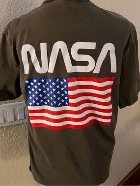 NASA Short-Sleeve Graphic Tee in Olive Green with Flag Print